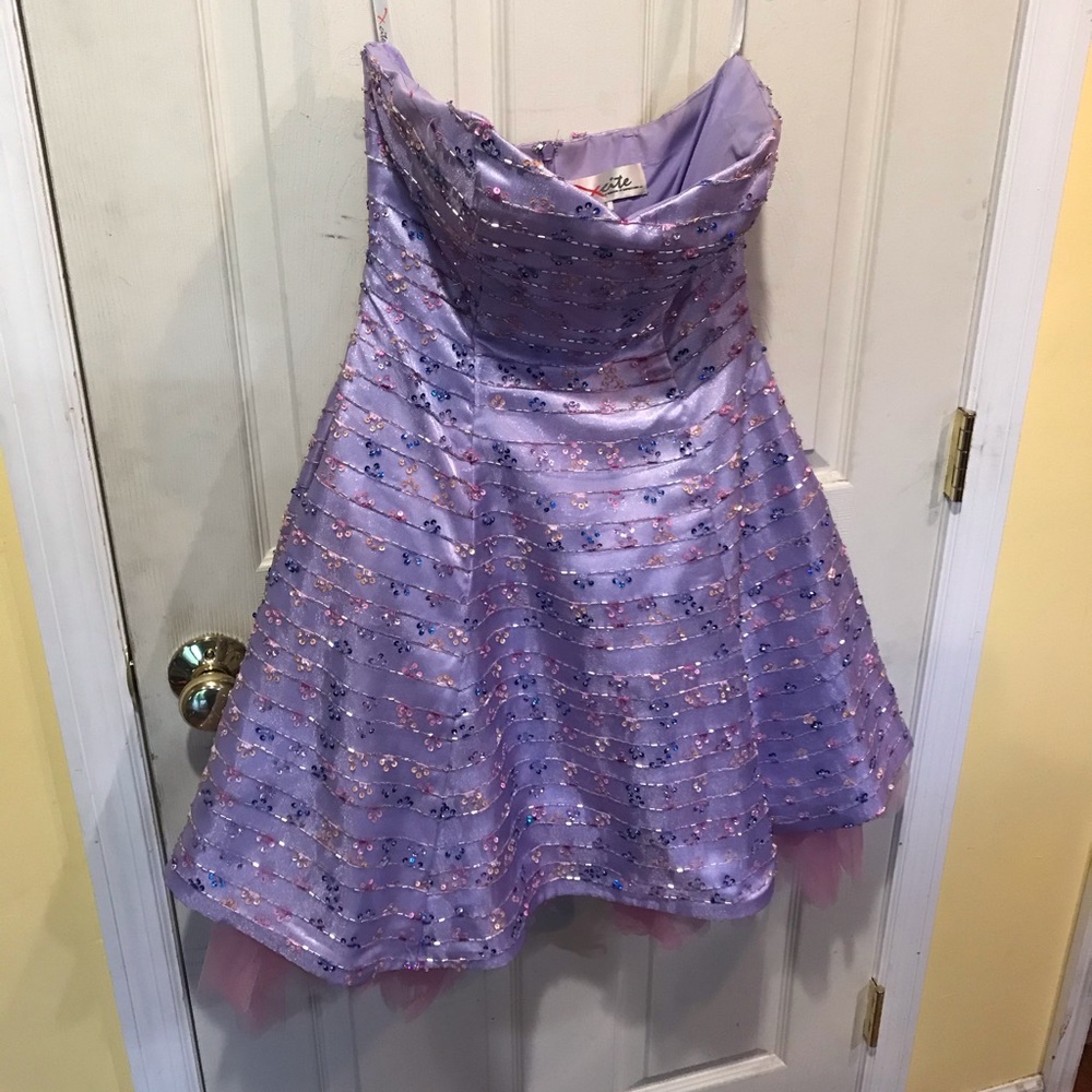 Size 8 purple strapless beaded cocktail dress